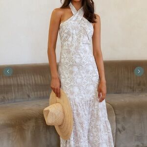 Elegant White Halter Dress Tropical Pattern